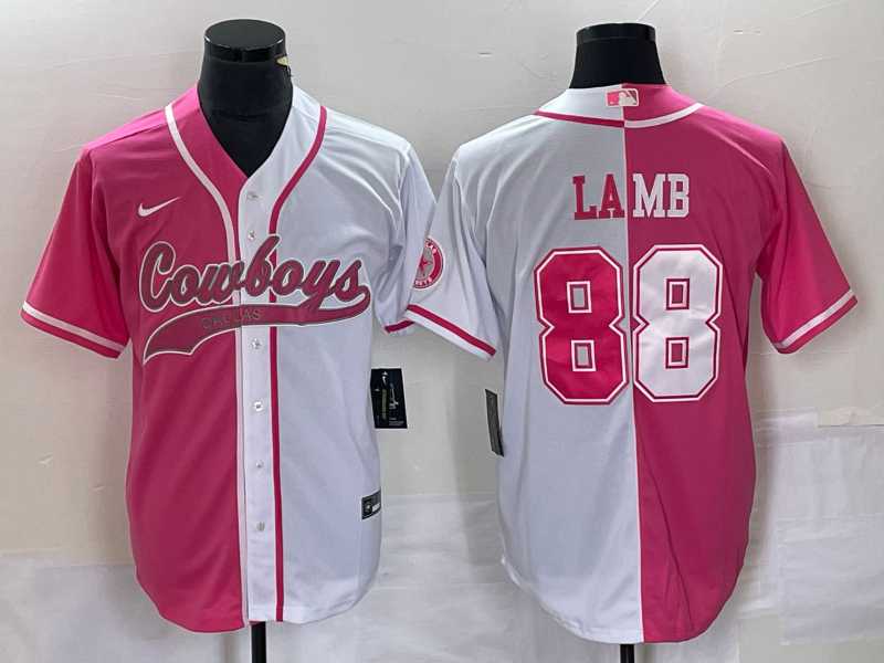 Mens Dallas Cowboys #88 CeeDee Lamb Pink White Two Tone With Patch Cool Base Stitched Baseball Jersey